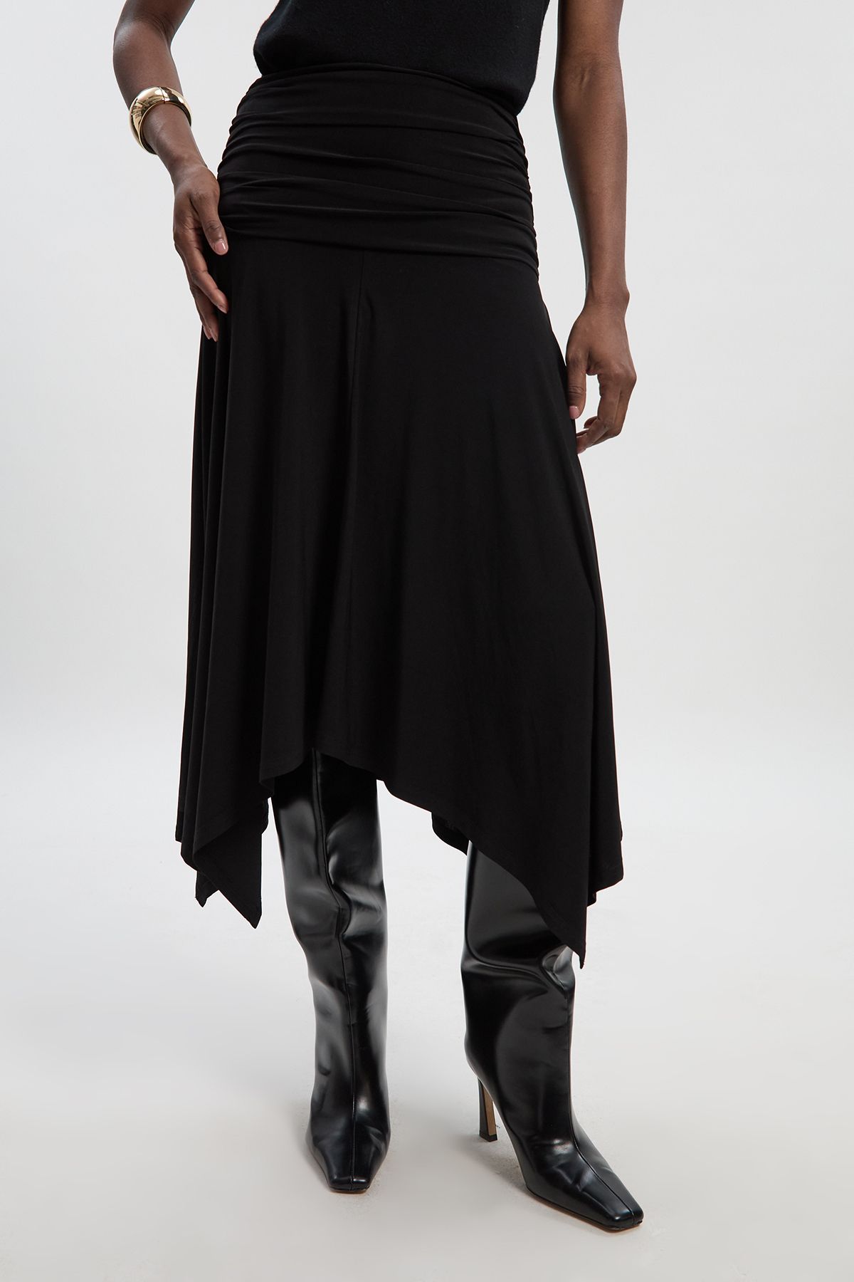 KarenMillen Stretch Drapey Crepe Ruched Hanky Hem Midi Skirt
