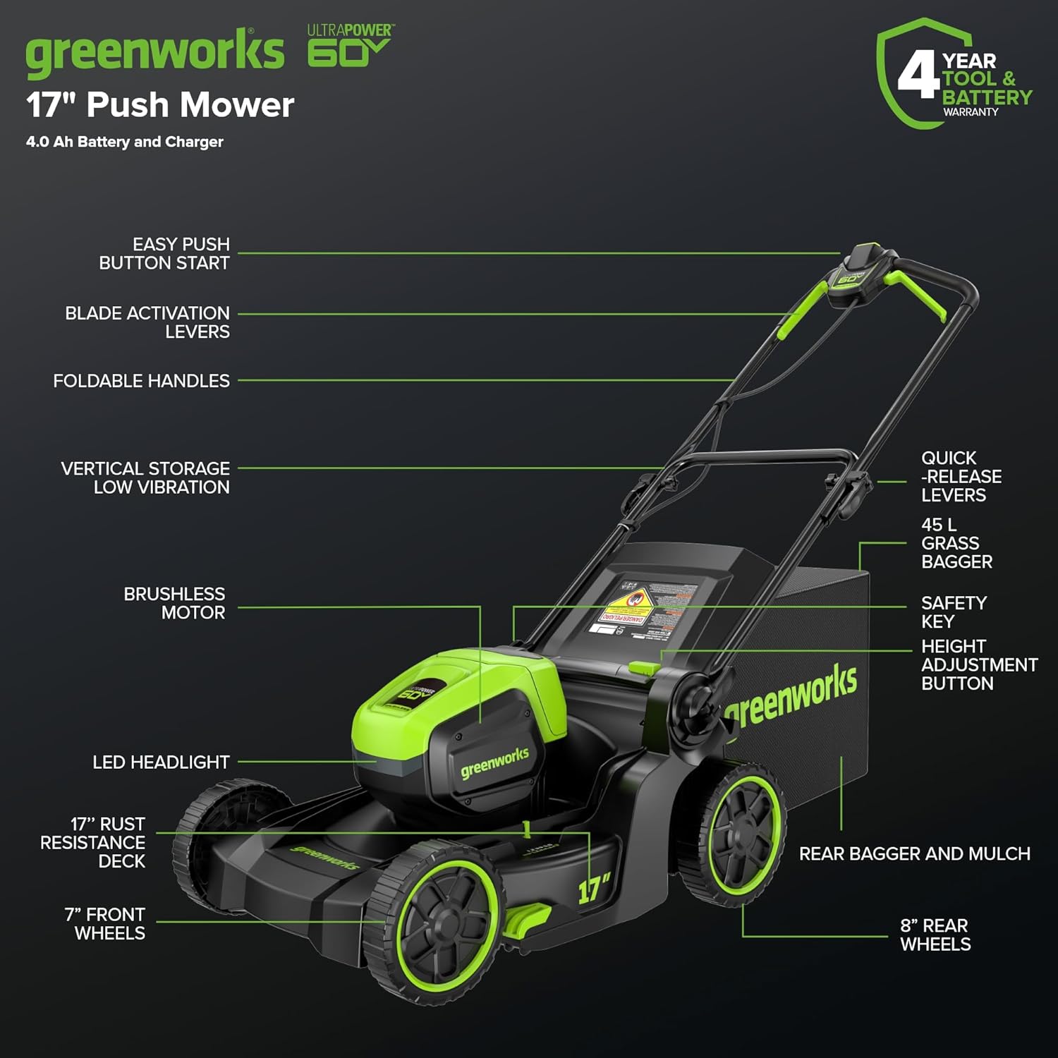 Greenworks 60V 17 Brushless Cordless Push Lawn Mower  2-in-1 Mulching/Bagging  4.0Ah Battery and 3A Charger(40min Runtime)