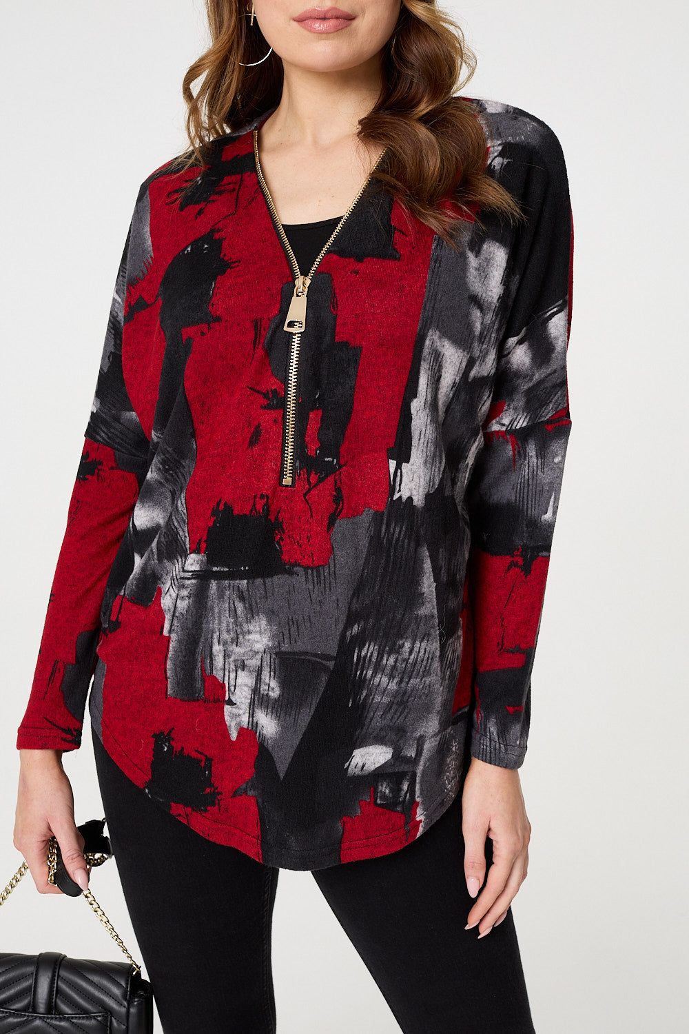 Izabel London Abstract Zip Front Long Sleeve Top