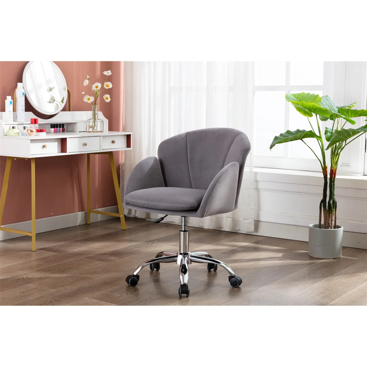 Modern Leisure Swivel Adjustable Office Chair with Velvet Fabric and Golden Feet Base