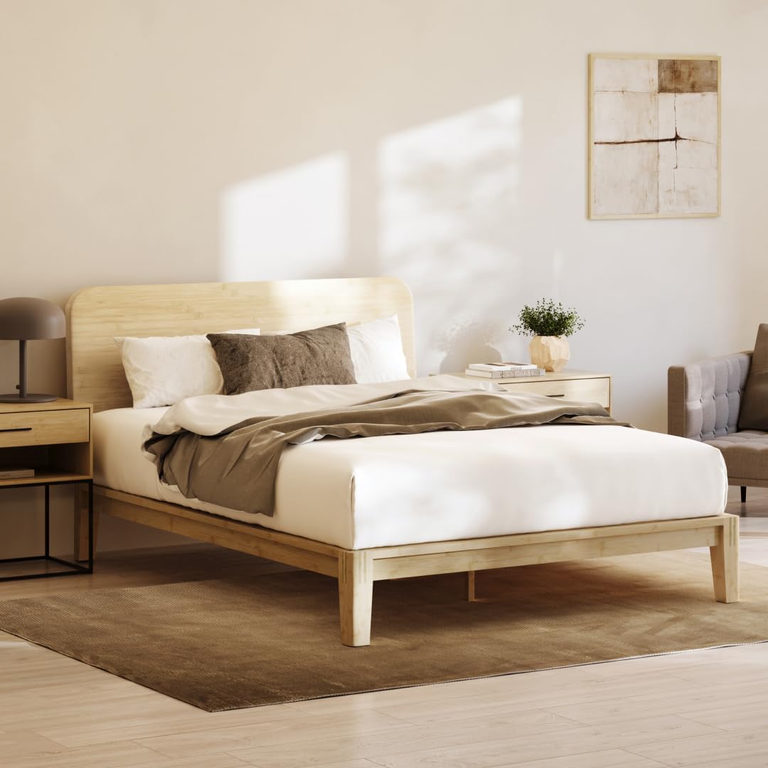 Nectar Bamboo Platform Bed Frame & Headboard - Natural - Queen - Floating Center Support Legs - 12” Height - Easy Tool Free Set Up - Contemporary - Sturdy Wooden Support Slats - Holds Up To 800 Pounds