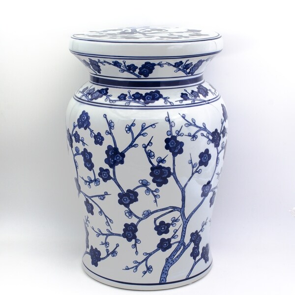 ClayBarn Blue Garden Porcelain 18" White Cherry Blossom Podium Stool