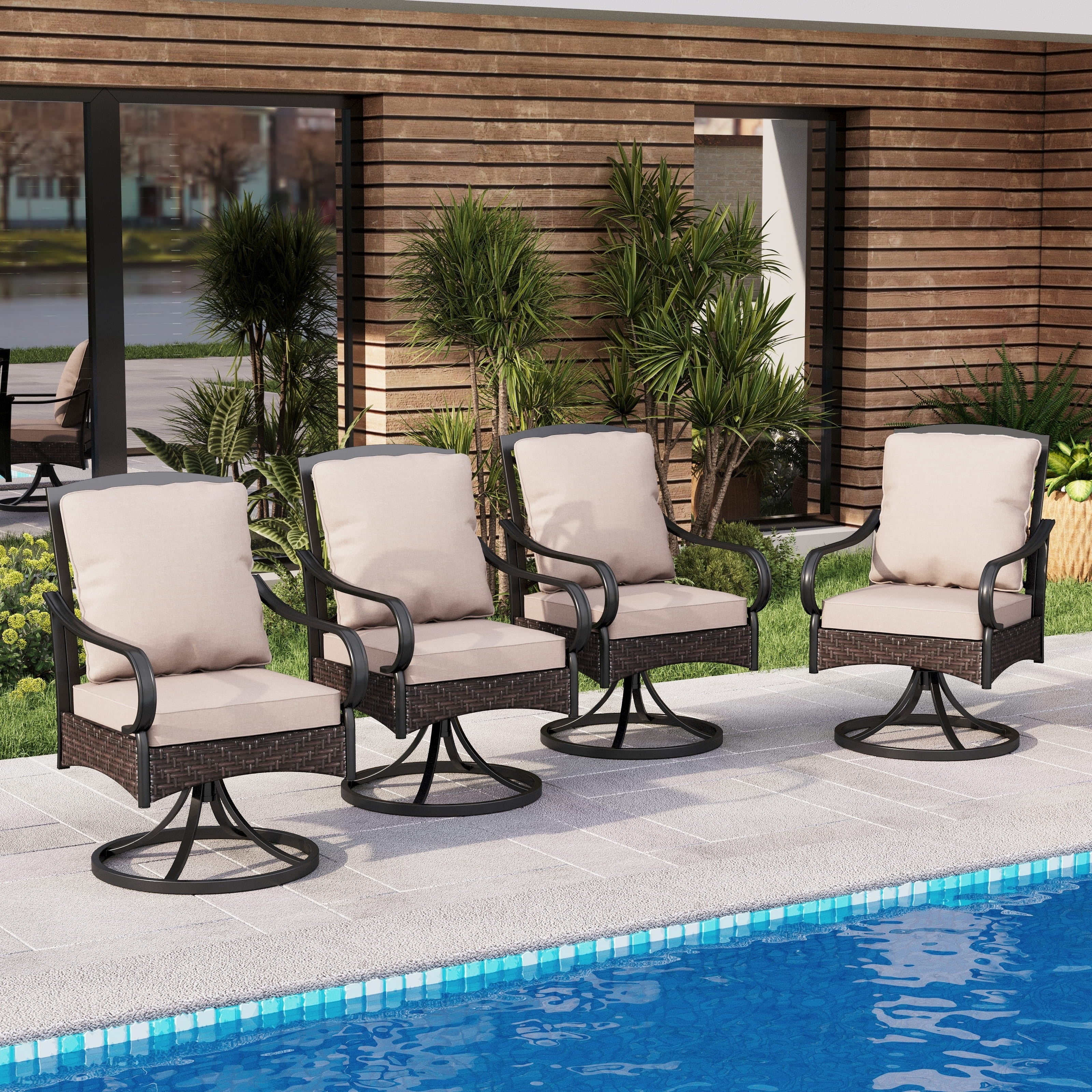 MAISON ARTS Patio Dining Swivel Chairs Set of 2/4 Framed E-Coating Steel and Rattan with Deep-seating and Back Cushions