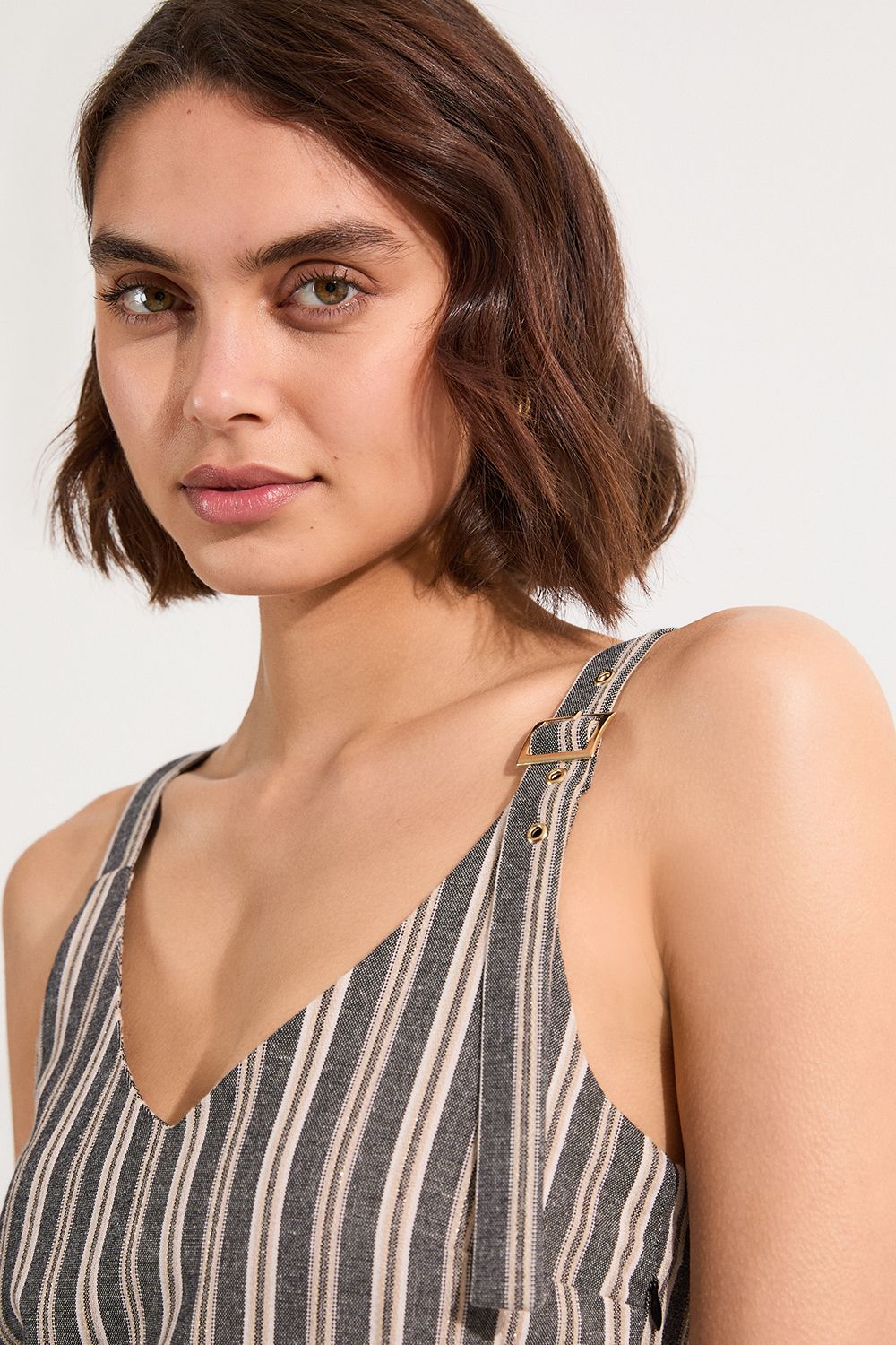 KarenMillen Tailored Stripe Linen Strappy Asymmetric Hem Midi Dress