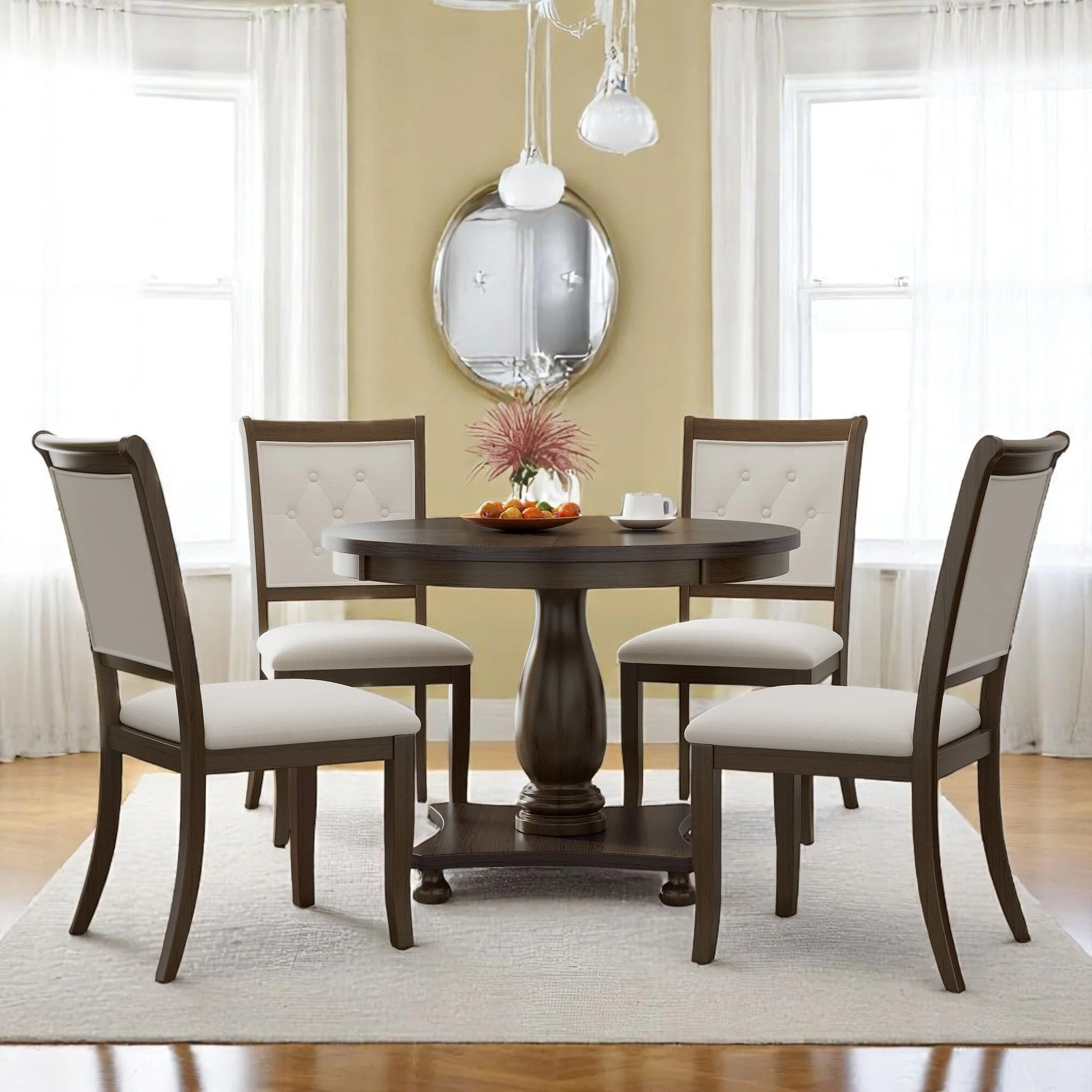 5-Piece Dining Set, Round Table with Pedestal Base & 4 Upholstered Chairs, Solid Wood for Dining Room & Kitchen