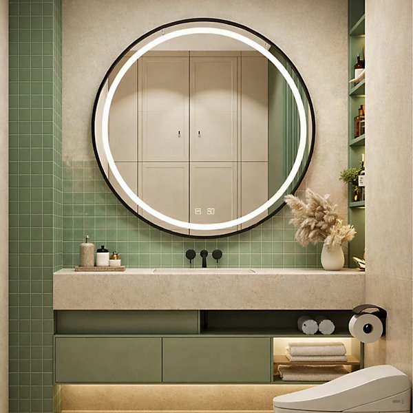 Miroir LED rond - 60 x 60 cm - Double éclairage LED façade et arrière - Noir - CéLINA