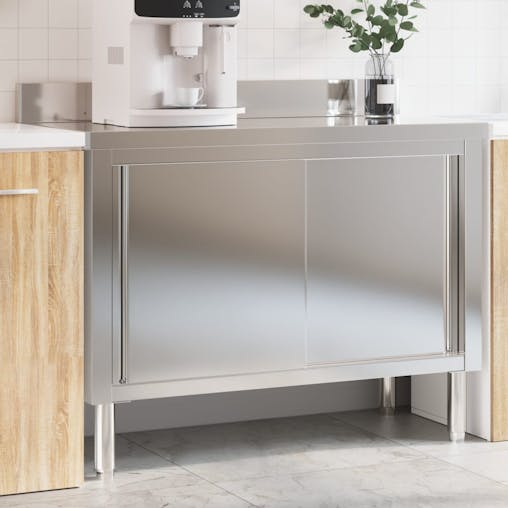 NNEVL Kitchen Work Table with Sliding Doors Stainless Steel