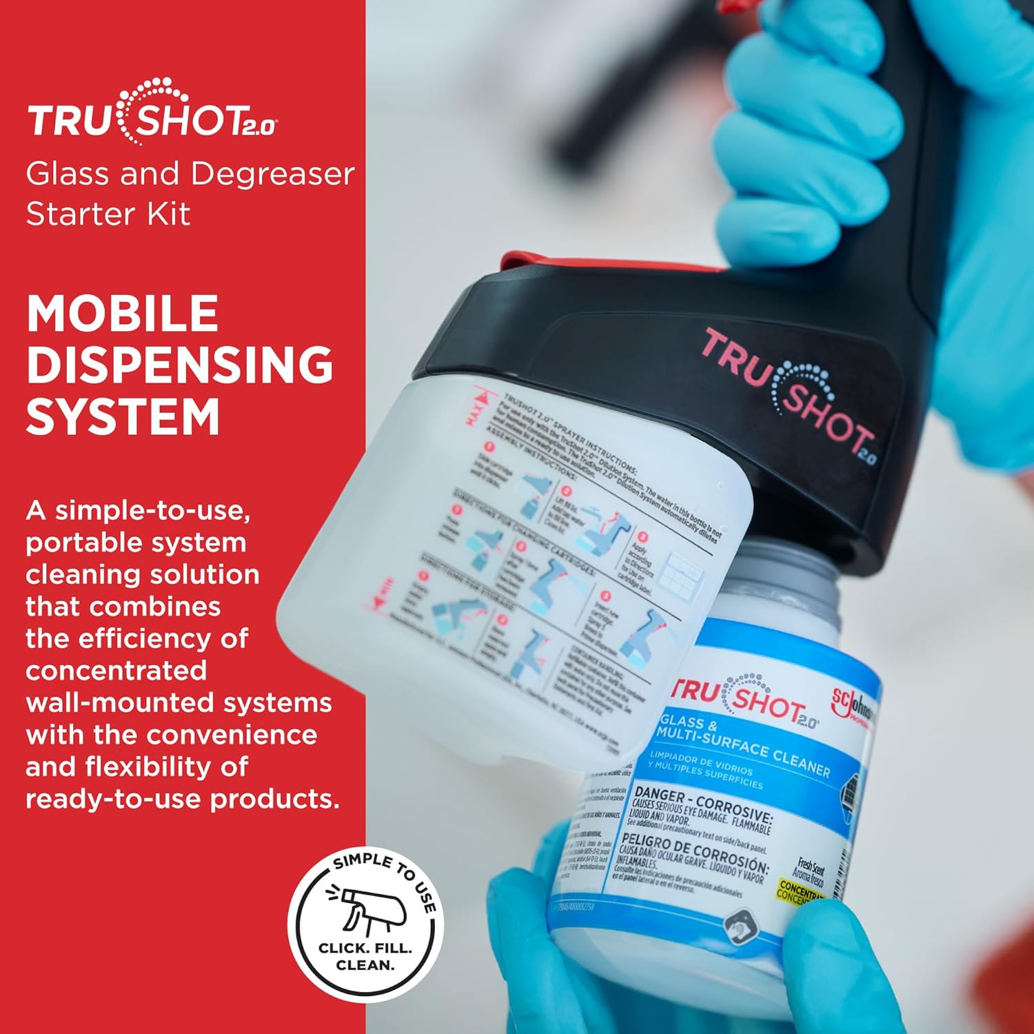 SC Johnson Professional TruShot 2.0 Multi-Surface Glass & Degreaser Mobile Dispensing System Starter Pack, 1 Trigger Dispenser, 2 Cleaning Concentrate Cartridges, for Professional Use