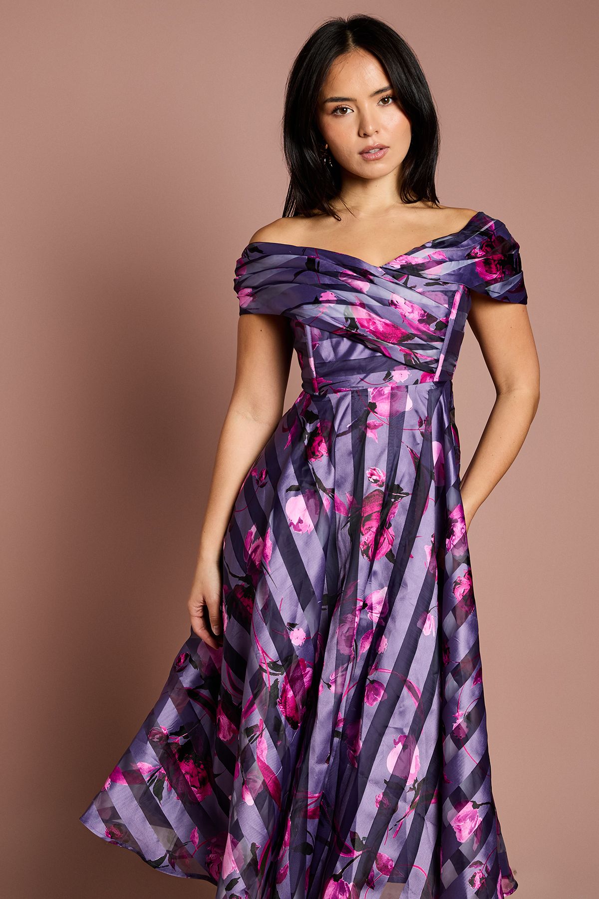 Coast Petite Stripe Organza Pleated Top Midi Dress