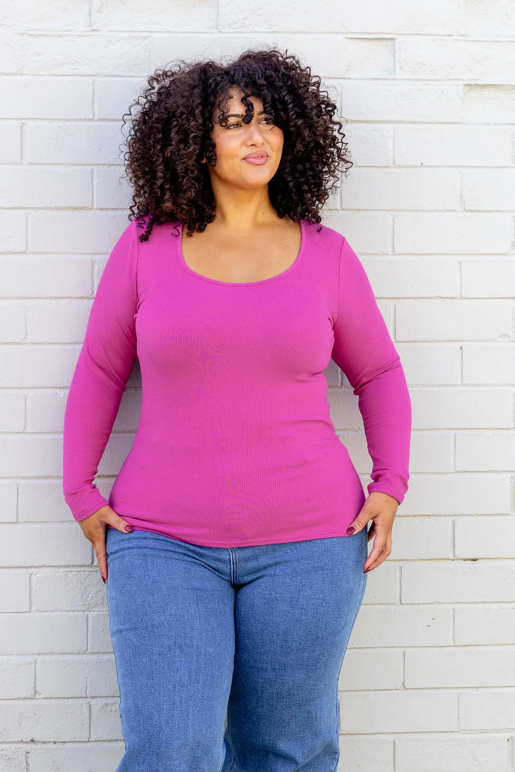 Billi Long Sleeve Rib Tee in Fuchsia