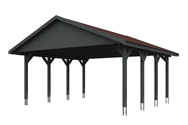 Carport SKAN HOLZ Wallgau 620 x 600 cm, traitement coloré gris ardoise, avec bardeaux rouge
