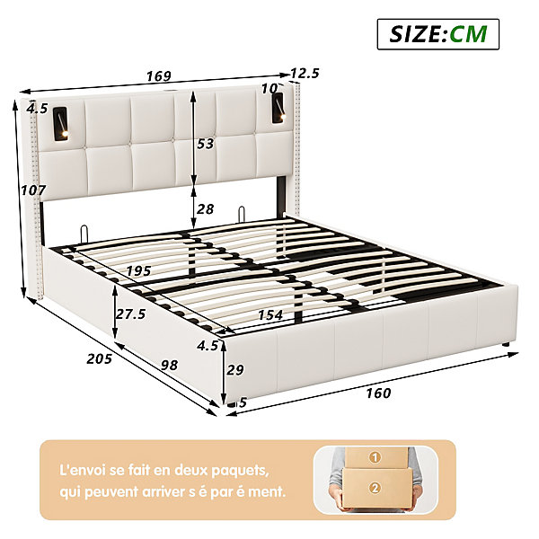 Lit double 160x200 cm en velours, lit coffre avec coffre de rangement hydraulique et lampes de lecture intégrées, Beige