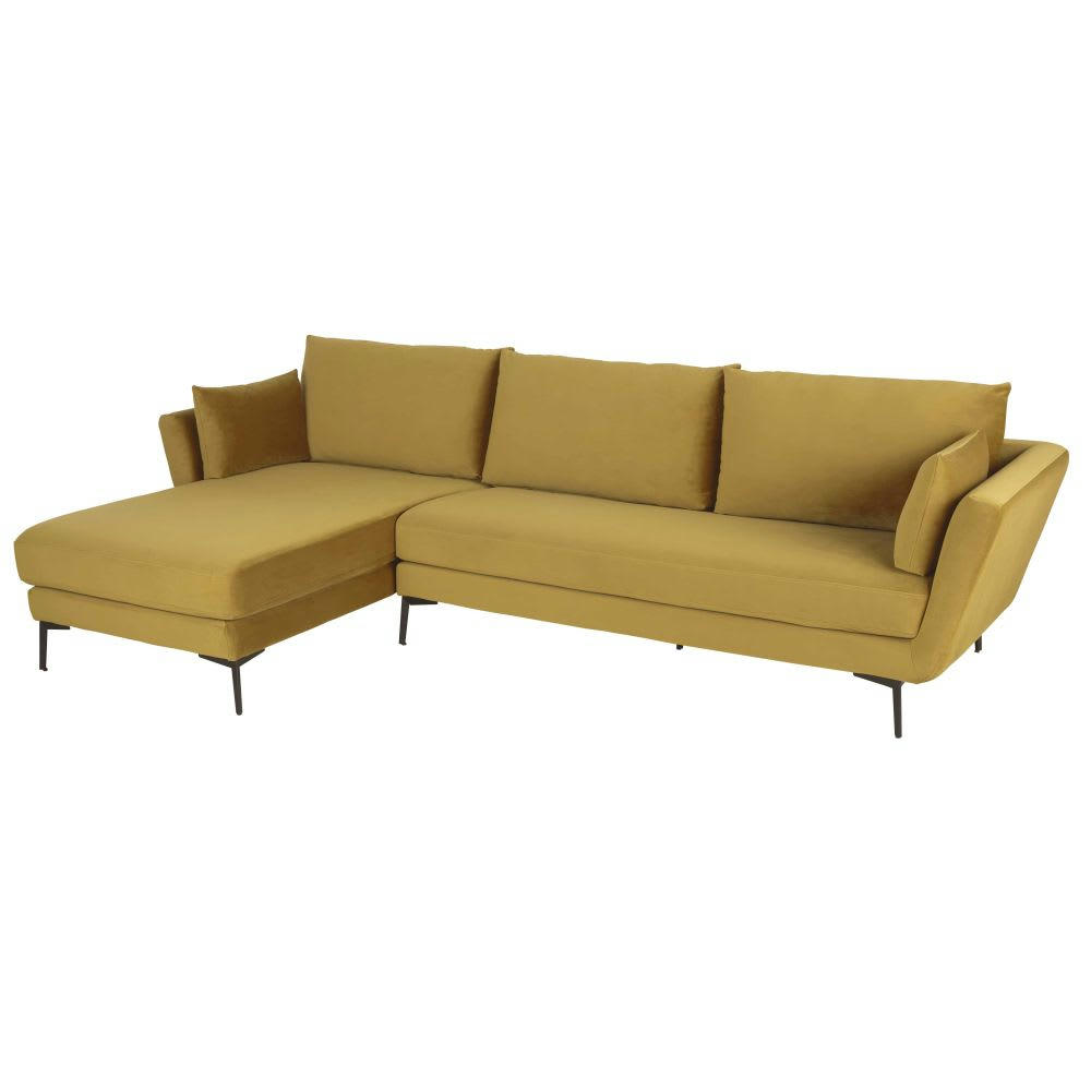 Prague - Canapé d'angle gauche 4/5 places en velours jaune moutarde