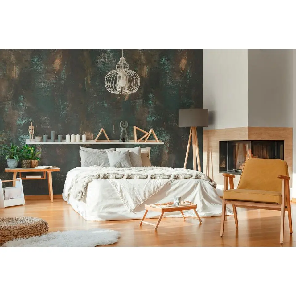 Livingwalls fotobehang stenen muur zwart, goud en turquoise - 212 x 280 cm