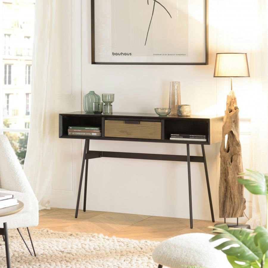 ALMA - Console 2 niches 1 tiroir marron pieds métal noir