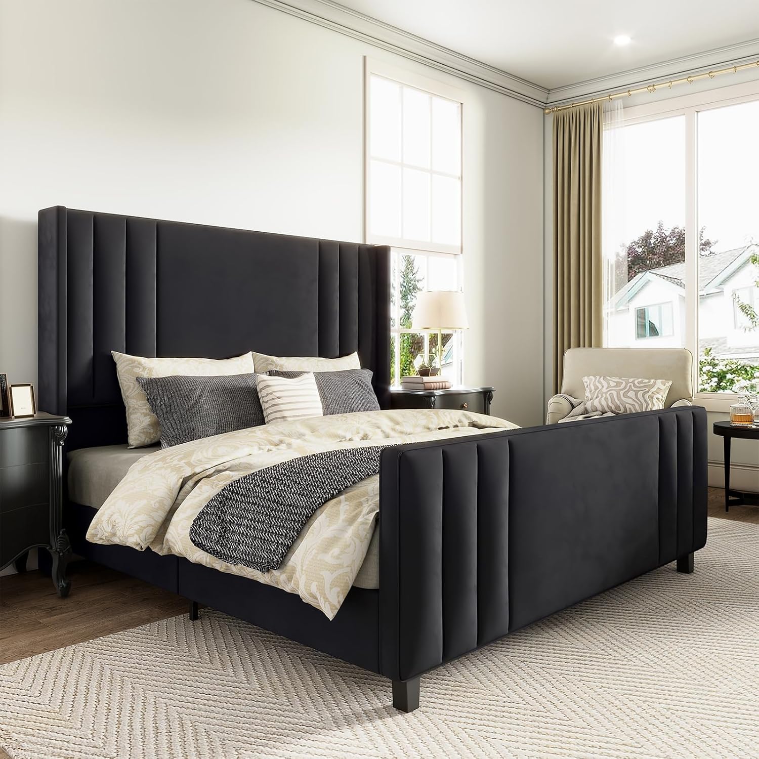 AMERLIFE Queen Size Bed Frame, Velvet Upholstered Platform Bed with Vertical Channel Tufted Headboard & Footboard/Wingback, Mattress Foundation with Wood Slats, No Box Spring Needed, Black