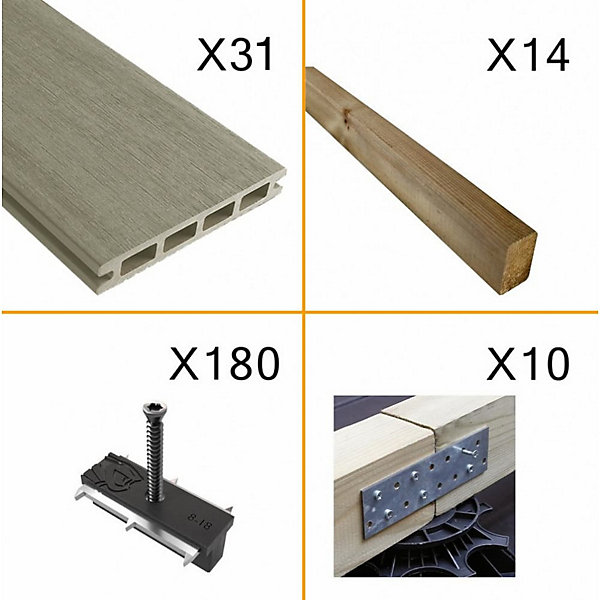 Kit Terrasse Composite NAVIA 10m² - Gris Clair - 31 lames de Terrasse (220 x 14.5 x 2.2 cm) - Fixation par Clips - Terrasse