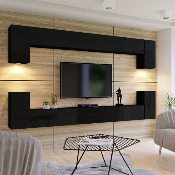 Meblościanka do salonu czarny połysk 350 cm PREMIUM