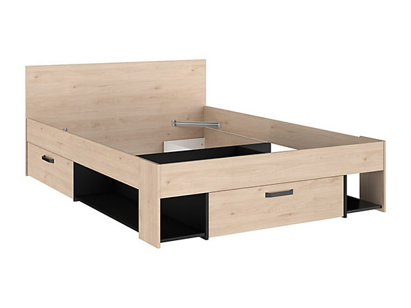 Lit 140 x 190/200 cm avec tête de lit et rangements - Coloris : Naturel et noir   Sommier - KINSELIA