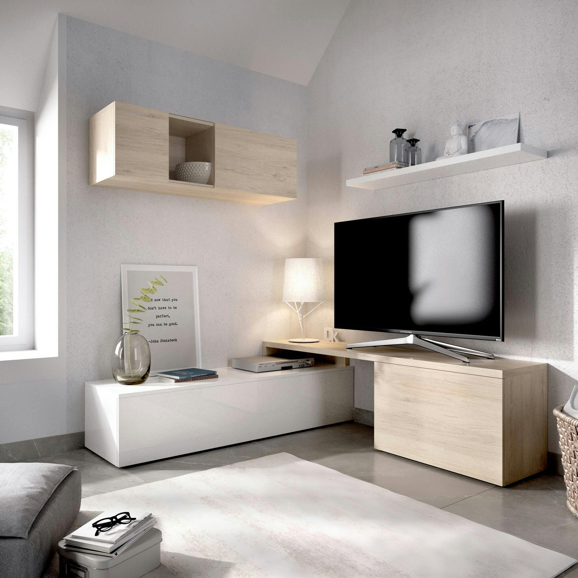 DAGNELL - Mur de rangement effet bois blanc chêne et blanc