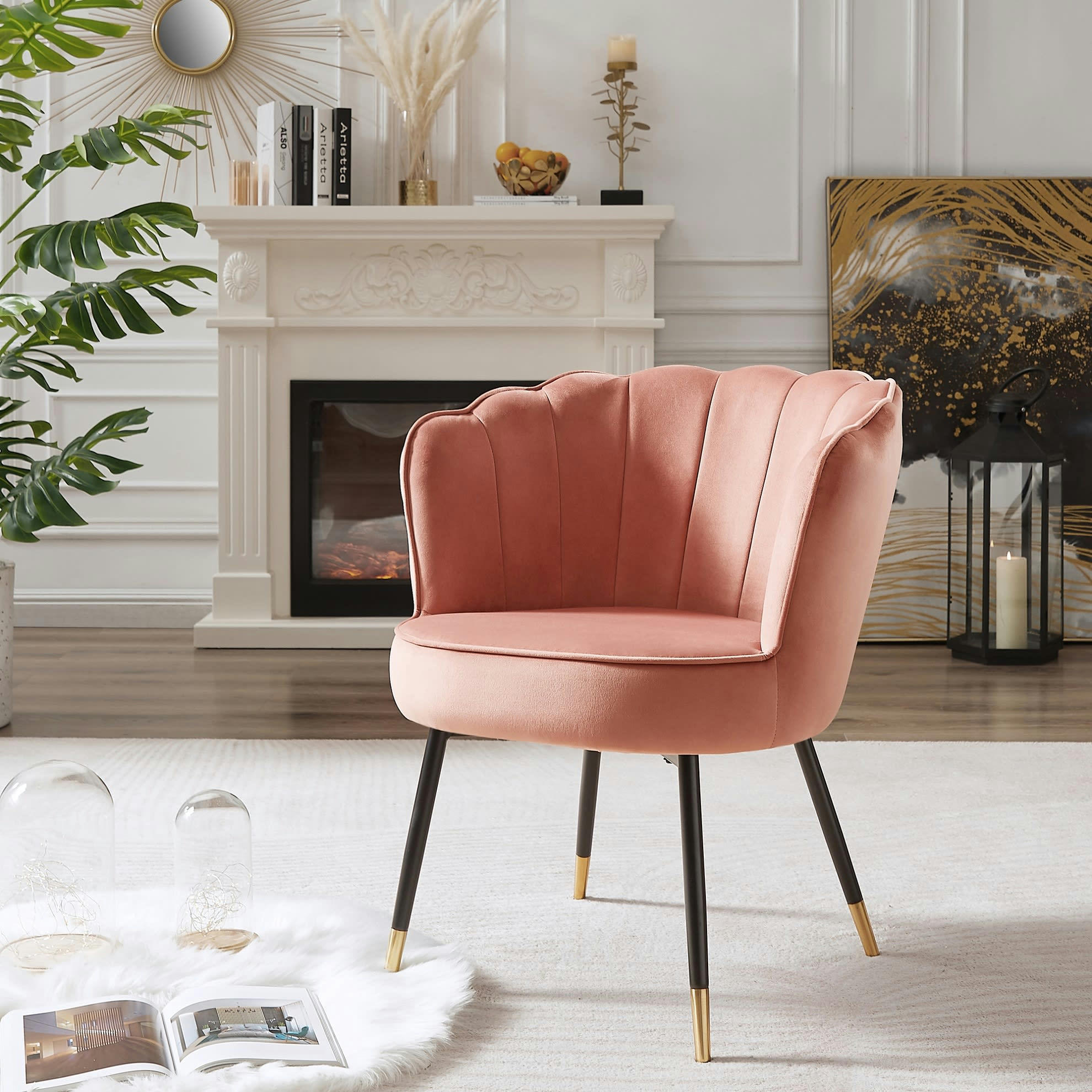 CALLISTA - Fauteuil  en velours rose avec pieds noir et doré