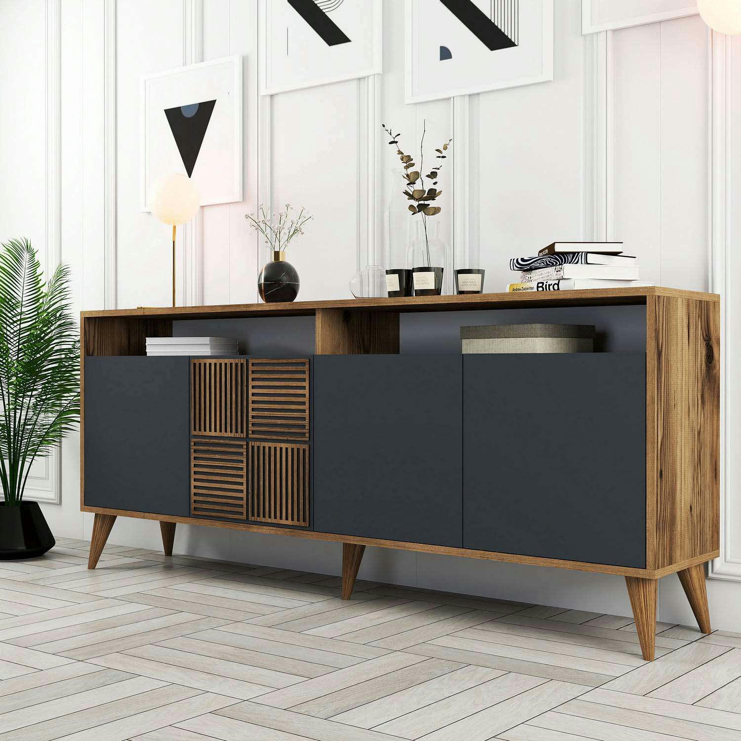 - Buffet en aggloméré 4 portes milan noyer et anthracite