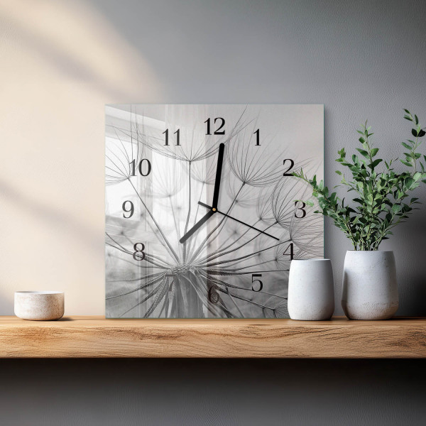 Zegar ścienny 30x30 Mniszek Lekarski szklany cichy mechanizm salon