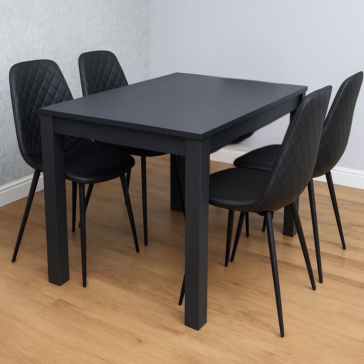 KOSY KOALA Dark Grey Dining Table Set with 4 Black Gem Pattern Chairs