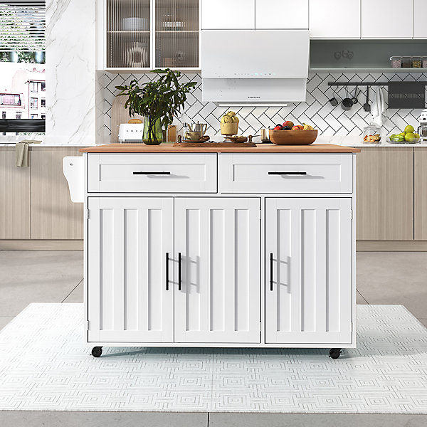 Buffet 129x46x91.5 cm, plateau rabattable, 2 tiroirs, 5 roulettes - blanc