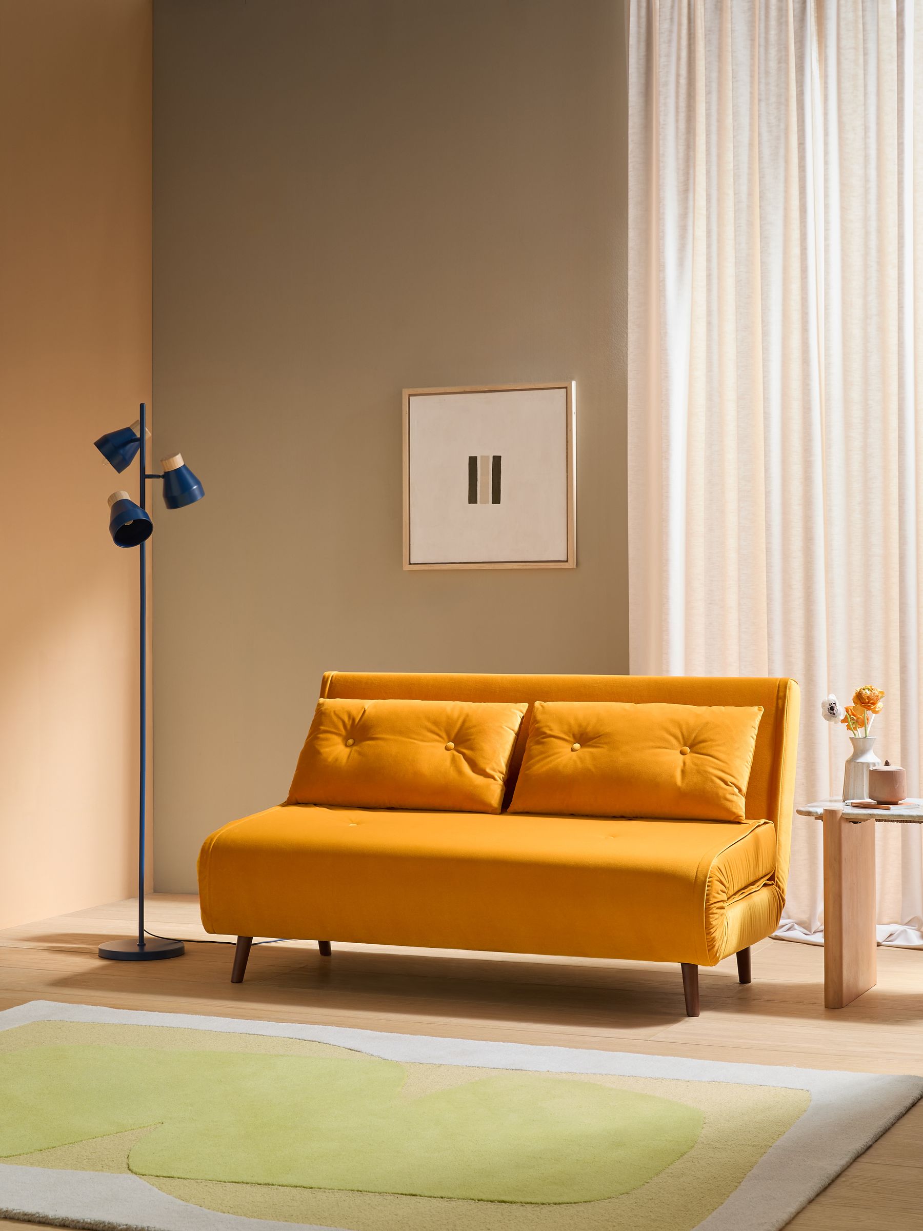 Large Haru 2 Seater Sofa Bed in Honey Yellow Velvet