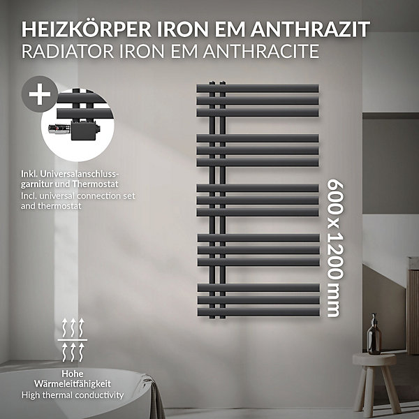 LuxeBath Radiateur Design Iron EM 600x1200 mm Anthracite Raccord Central au Bas