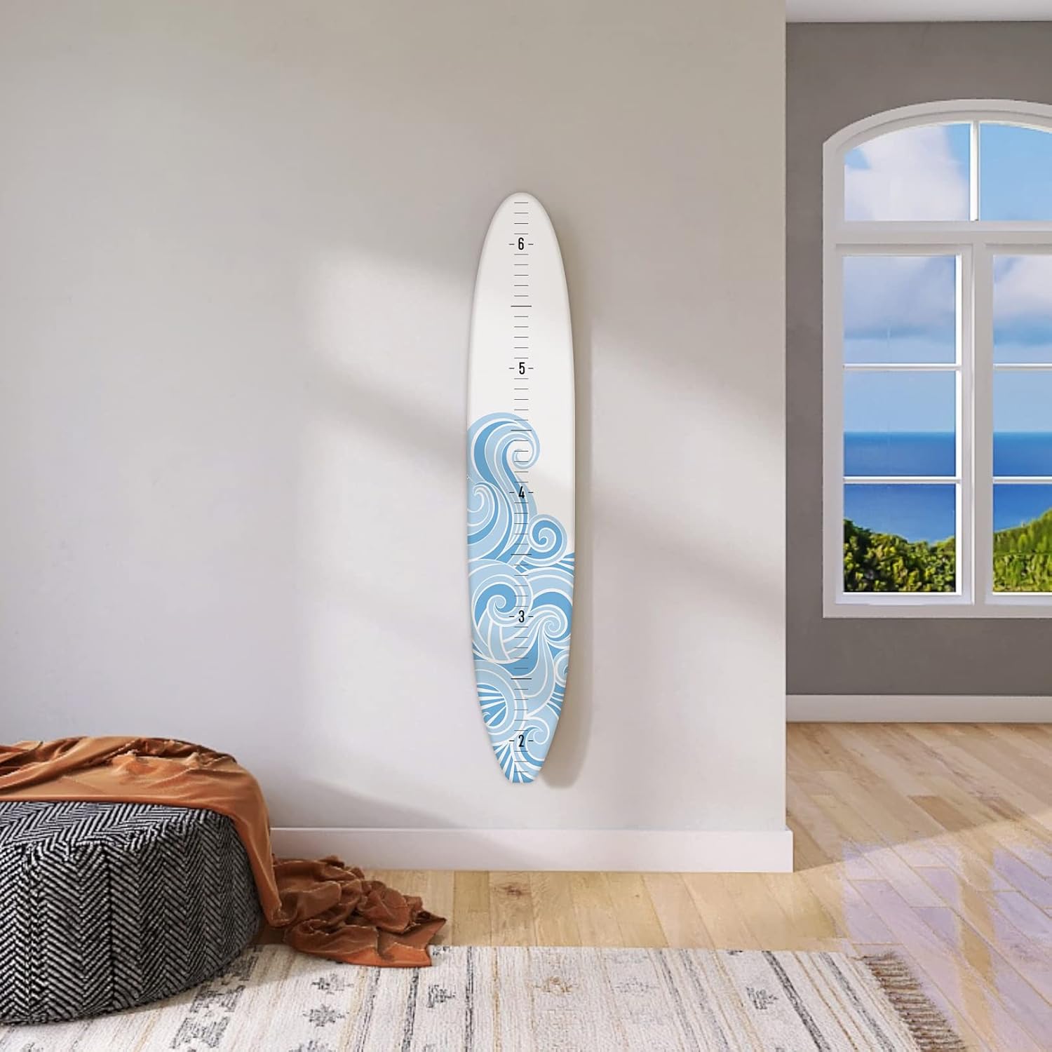 Headwaters Studio Surf Board Growth Chart - Wooden Surfboard Decor Small Surfboard Baby Growth Chart for Wall Grow Chart Baby Wall Growth Chart Baby Measuring Board - White w/Blue Wave - 57x10x1/4