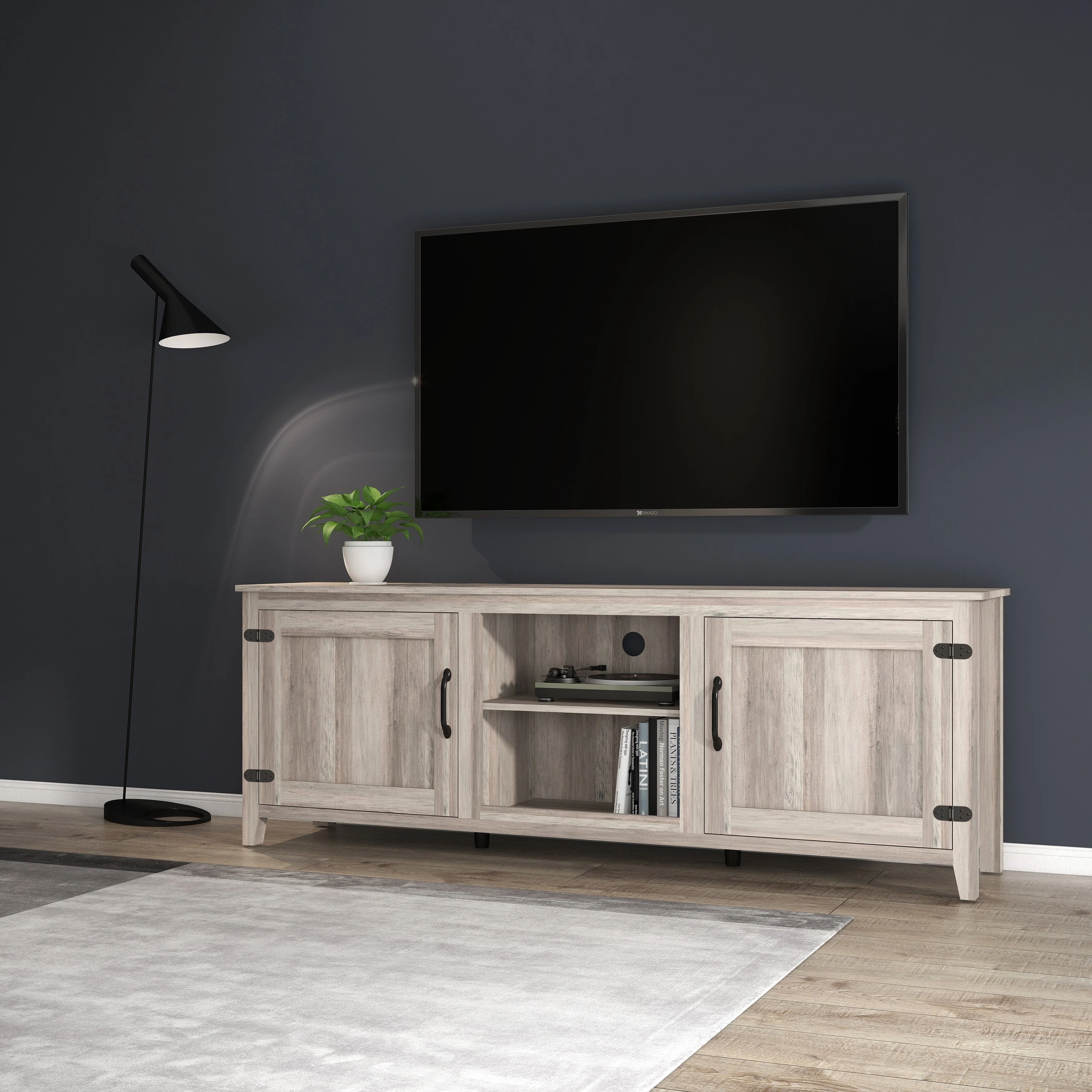 Grey 70 TV Stand with Doors & Open Storage for TVs Up to 60