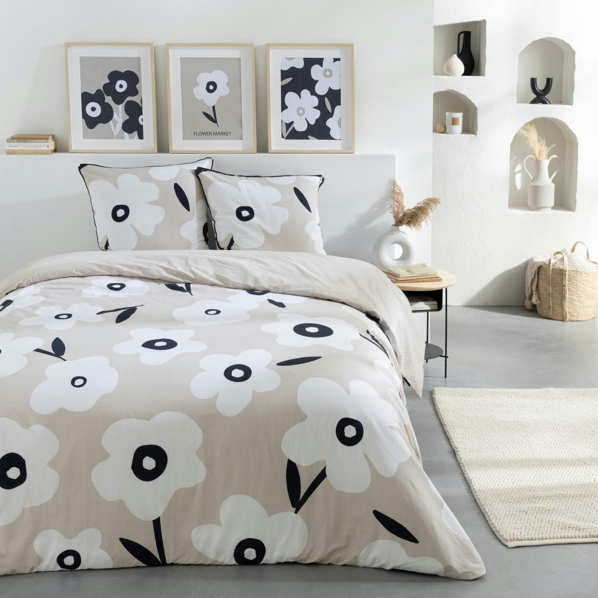 LENA - Parure de lit 2 personnes coton  imprimé beige 260x240cm