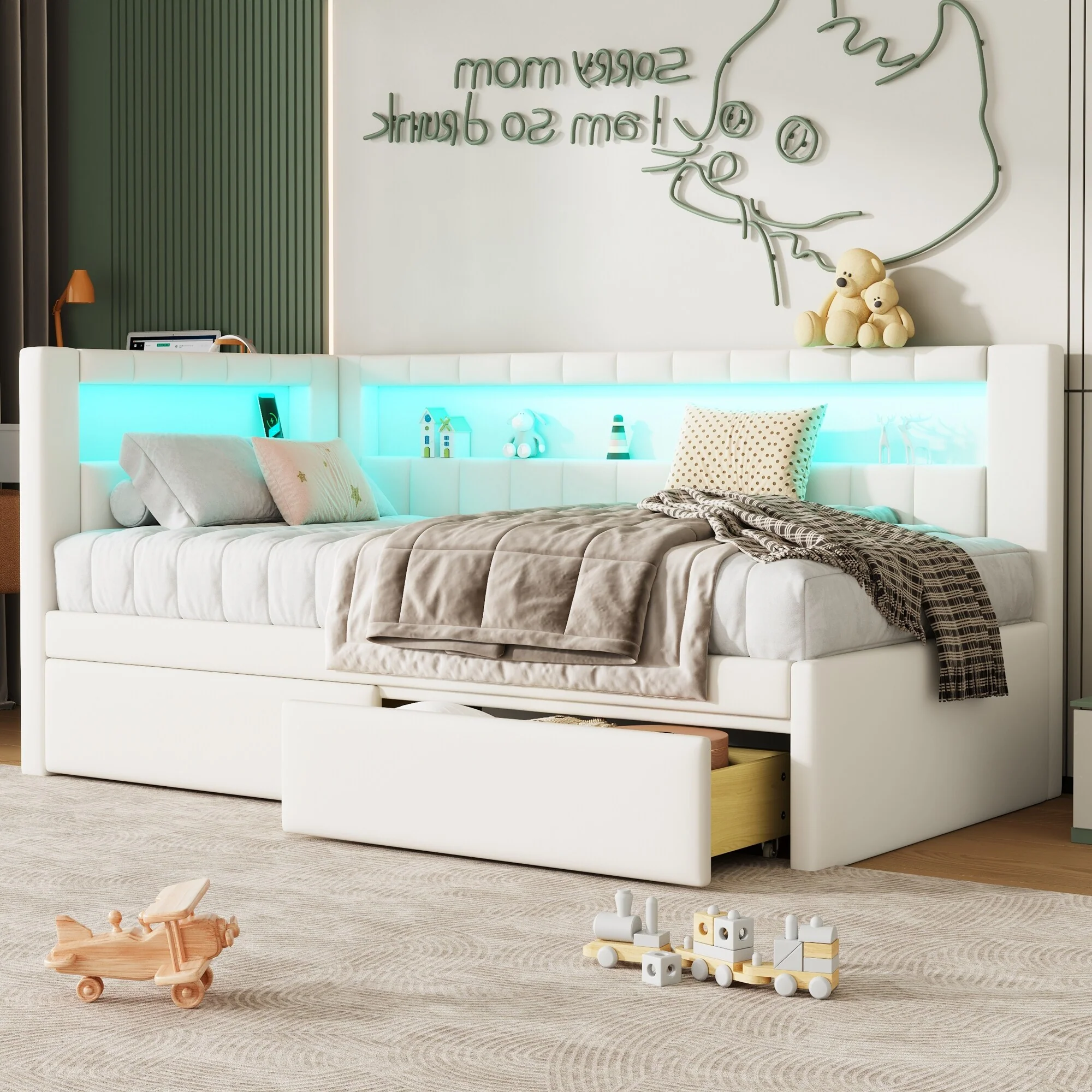 Upholstered Twin Size Platform Bed with USB Ports and LED Belt, With 2 Drawers
