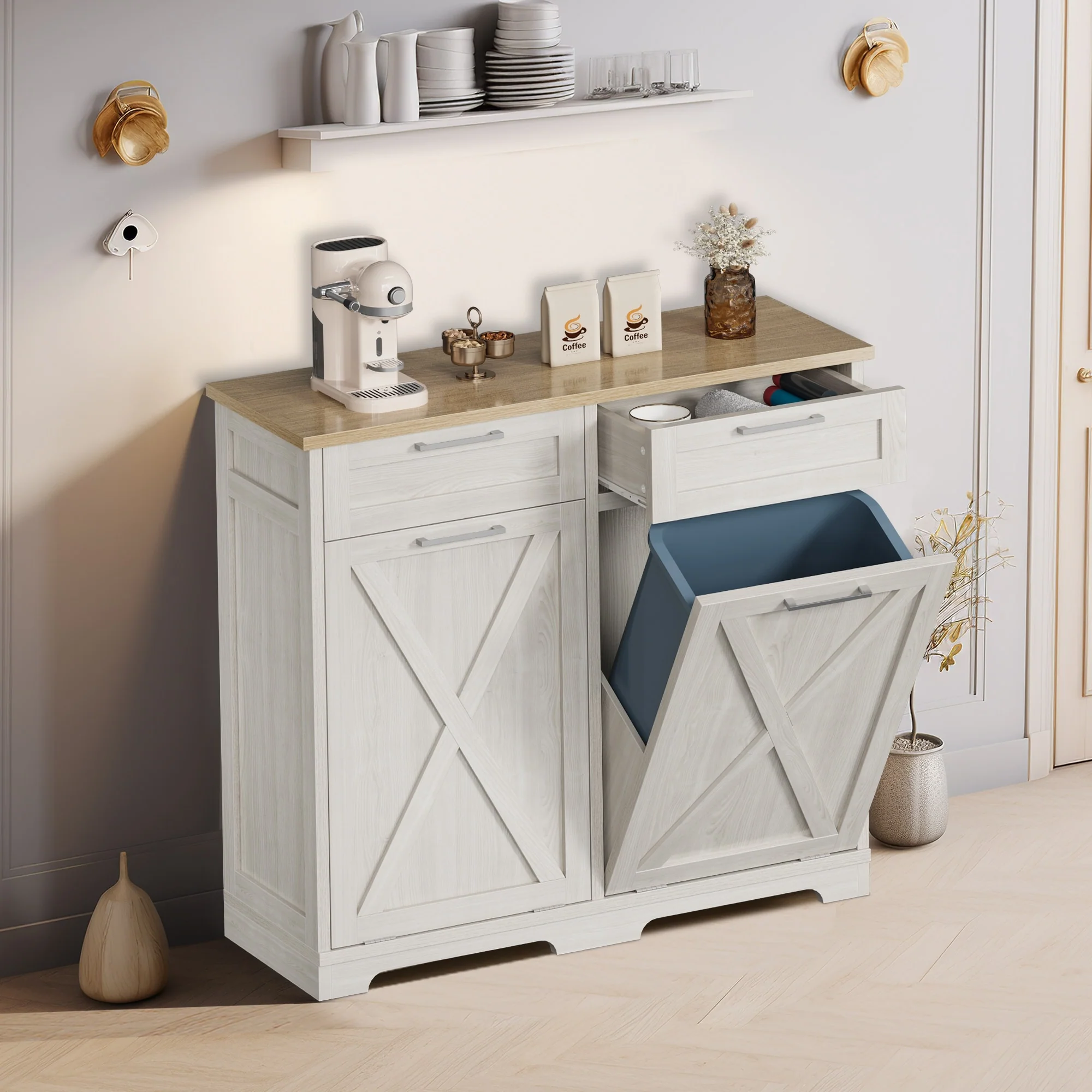 Moasis Kitchen Wooden Double Tilt Out Trash Can Cabinet with 2-Drawer