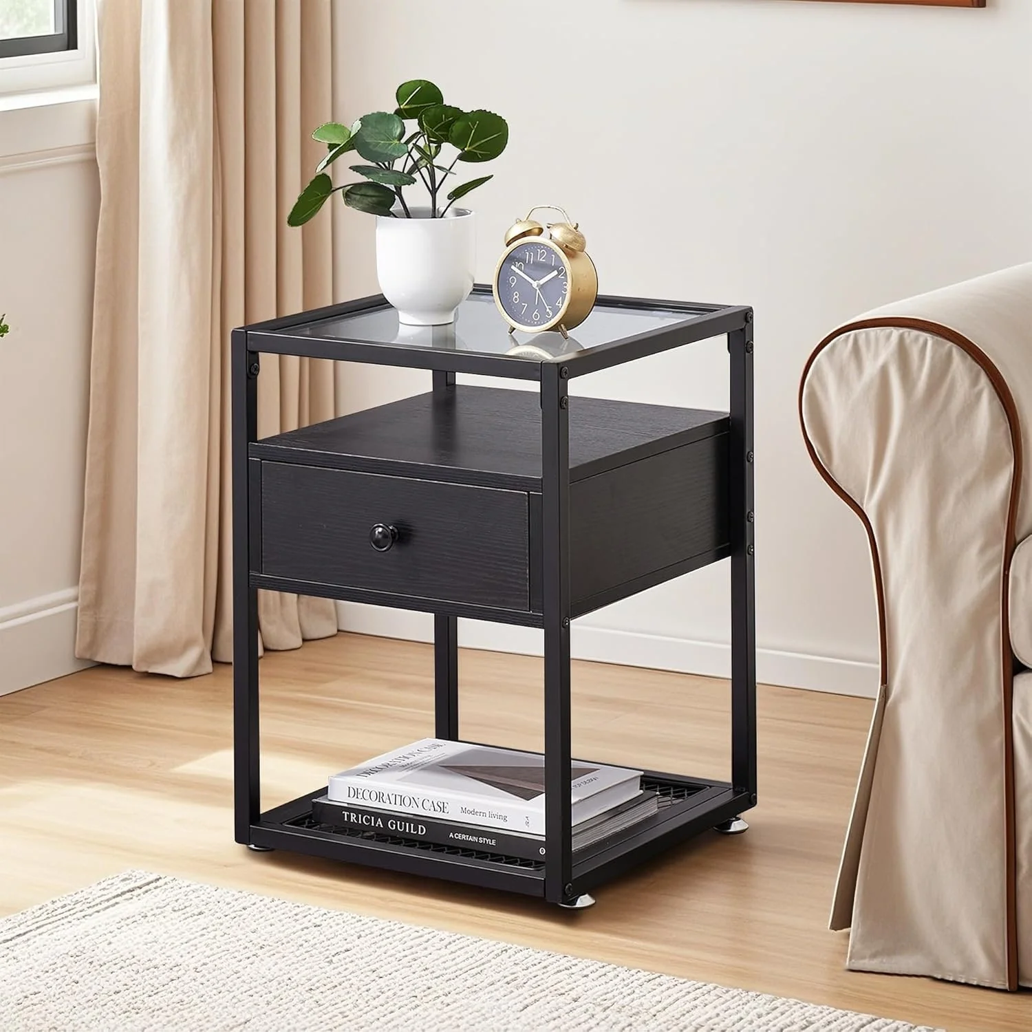 VECELO Modern Square Nightstands Set of 2 with Tempered Glass Top