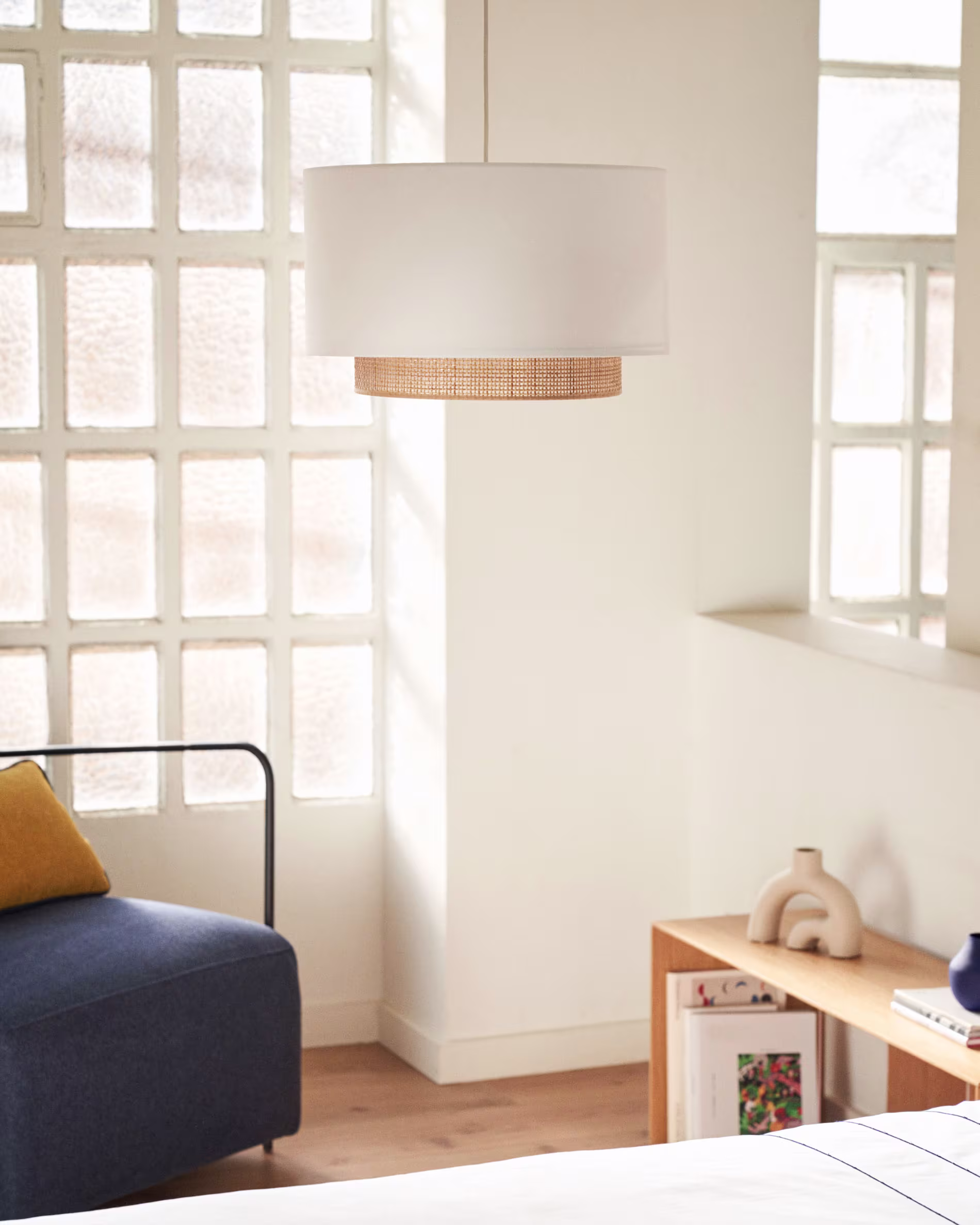 Pantalla para lámpara de techo Erna de bambú con acabado natural y blanco Ø 40 cm