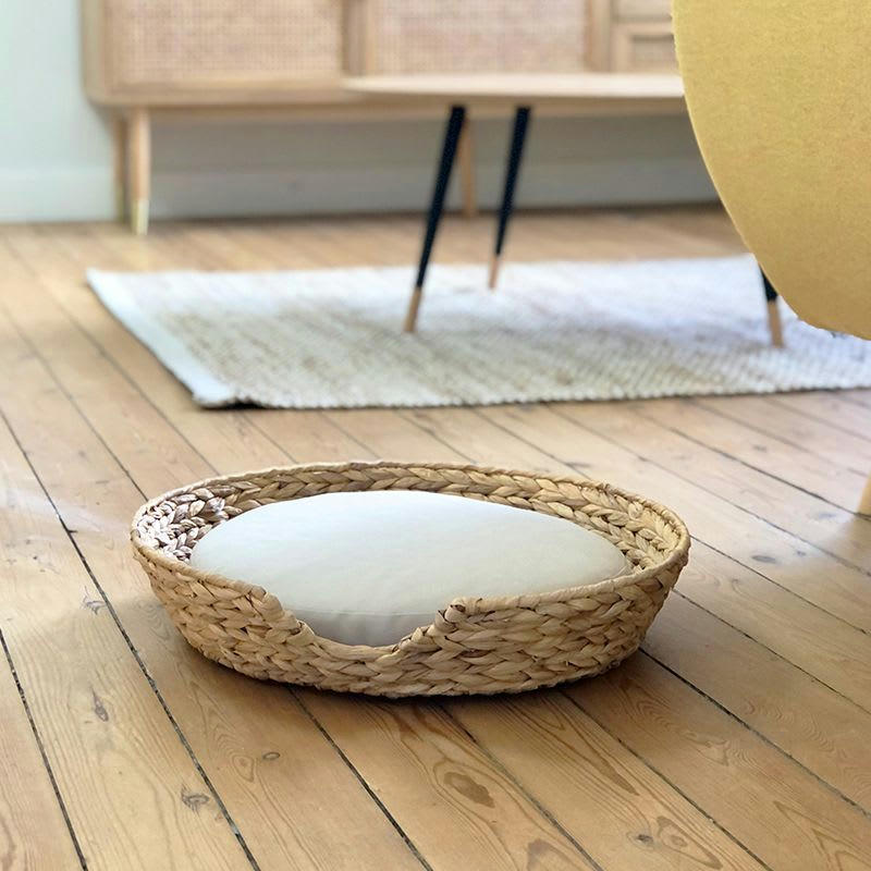 HERA - Panier rond pour chien et chat en jacinthe d'eau coussin écru