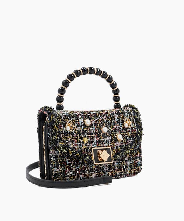 Blooms Black - Beaded Handle Embellished Cross Body Bag