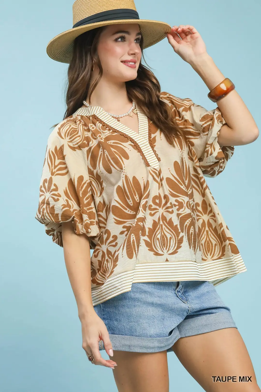 Mix Printed Puff Sleeve Top with Contrast Trim