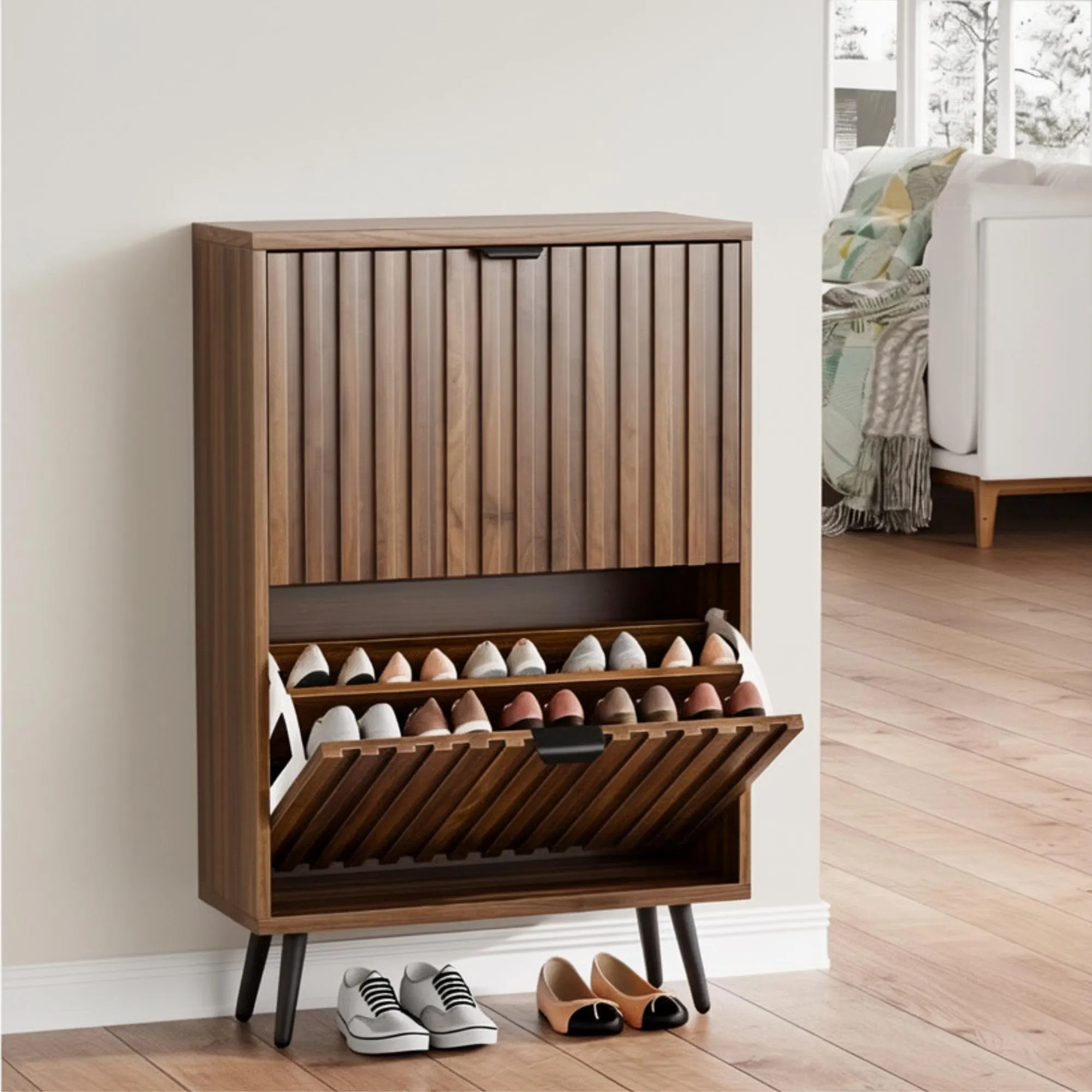 Slim Oak Shoe Storage Cabinet, Modern Ribbed Flip Down Shoe Console, Narrow Entryway Organizer Bench, Wooden Hallway Shoe Rack Credenza