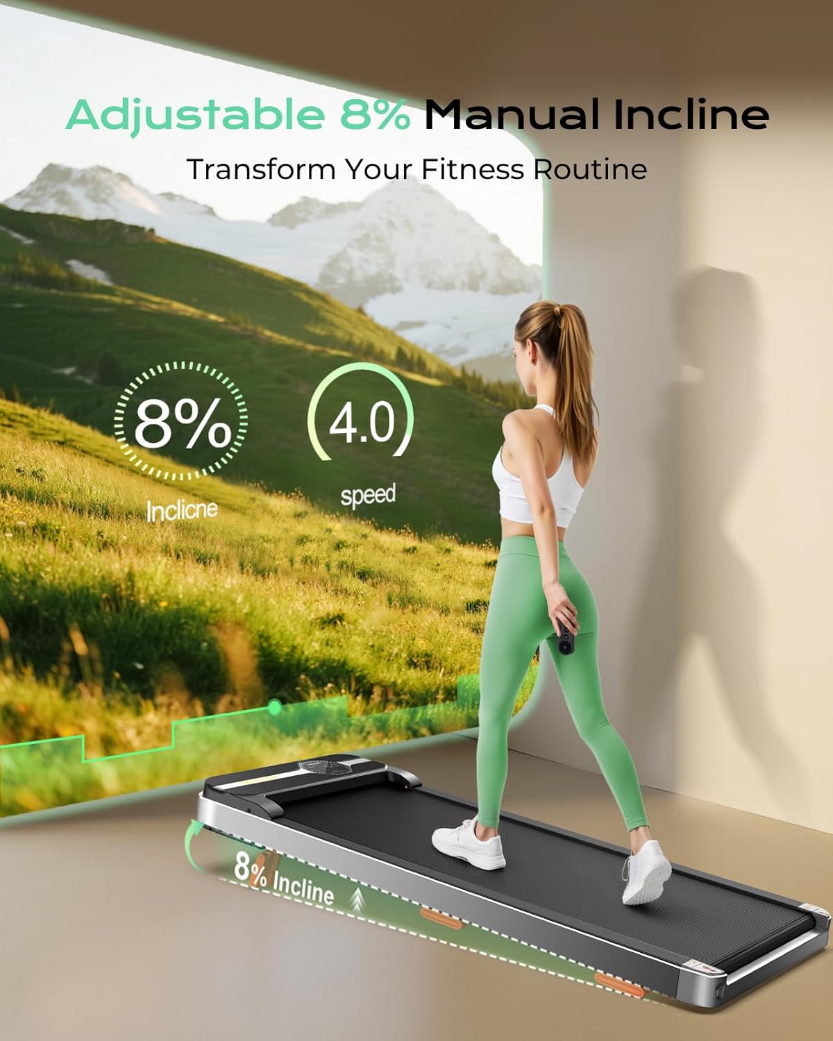 TREAFLOW Walking Pad Portable Under Desk Treadmill with Incline 2.5HP for Home Office 265 lbs Capacity Remote Control LED