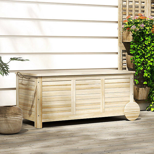 Coffre de jardin 185L banc dim. 110 x 50 x 50 cm - 2 roues, poignée, compas - bois sapin pré-huilé