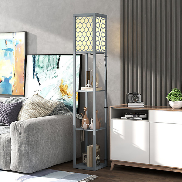 Lampadaire étagère lampe étagère 26L x 26l x 160H cm 3 étagères 4 niveaux MDF gris motif nid d'abeille