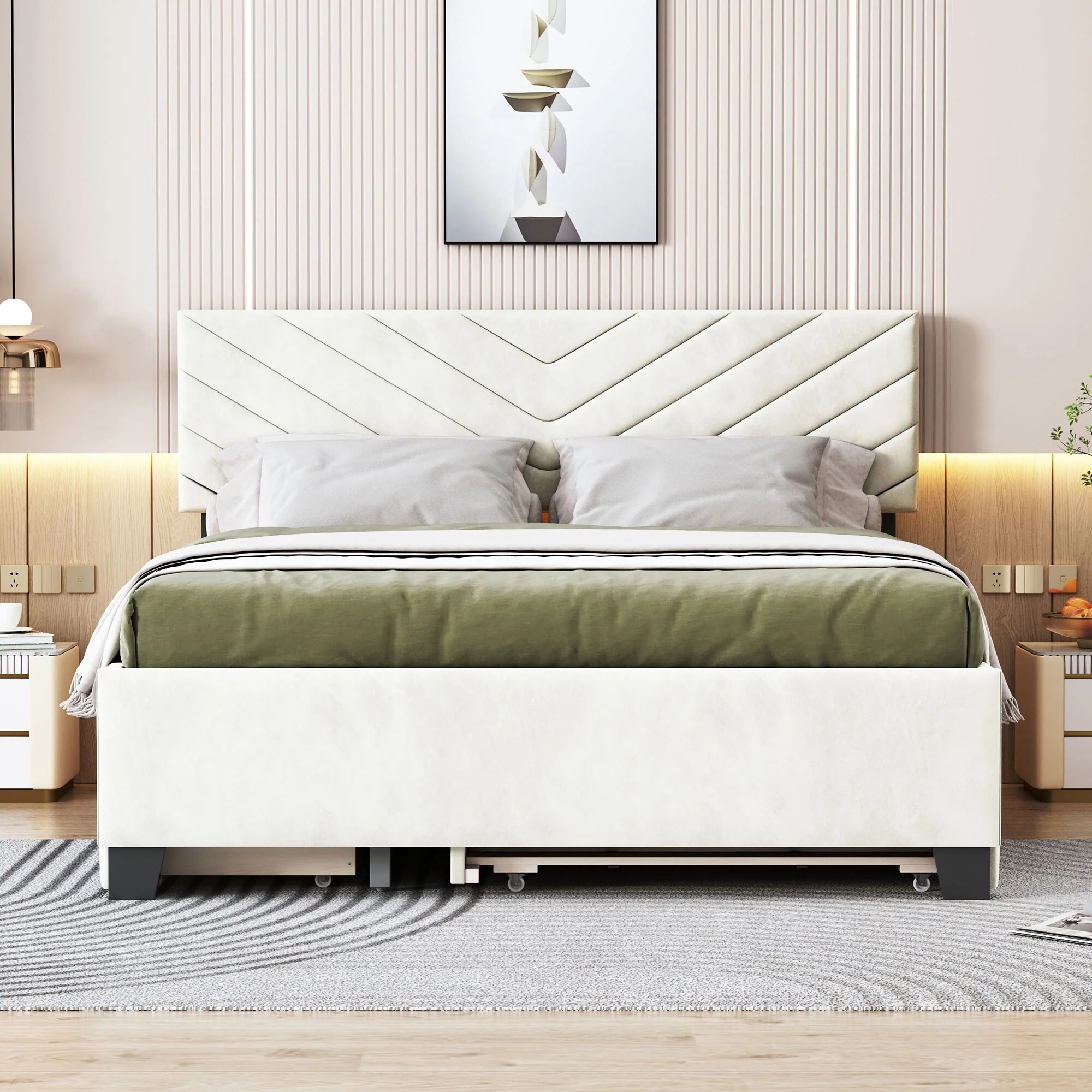 Queen Size Upholstered Bed with Pull-Out Trundle and Drawers, Chevron Headboard