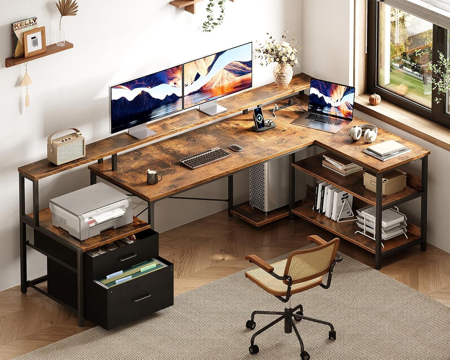 ODK 75 L Shaped Desk with File Drawers, Work from Home Office Desk with Power Outlet, Reversible Computer Desk with Storage Shelves, Gaming Desk with Monitor Shelf, Corner WFM Table, Vintage