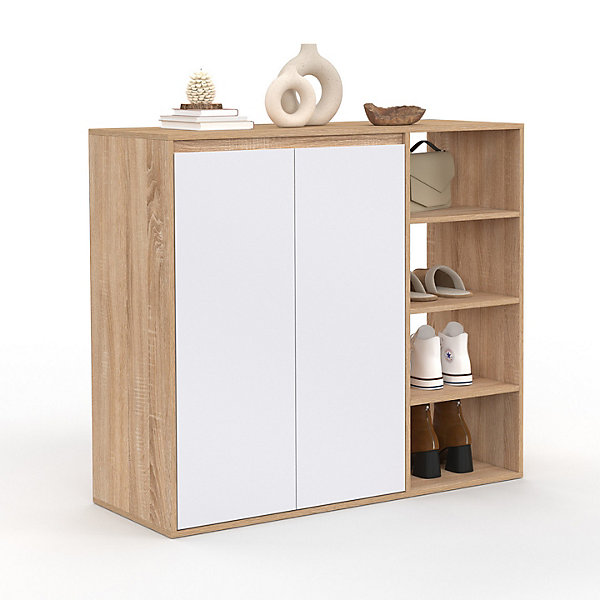 Armoire à chaussures 12 paires TOMI 2 portes avec 4 étagères façon hêtre et blanc
