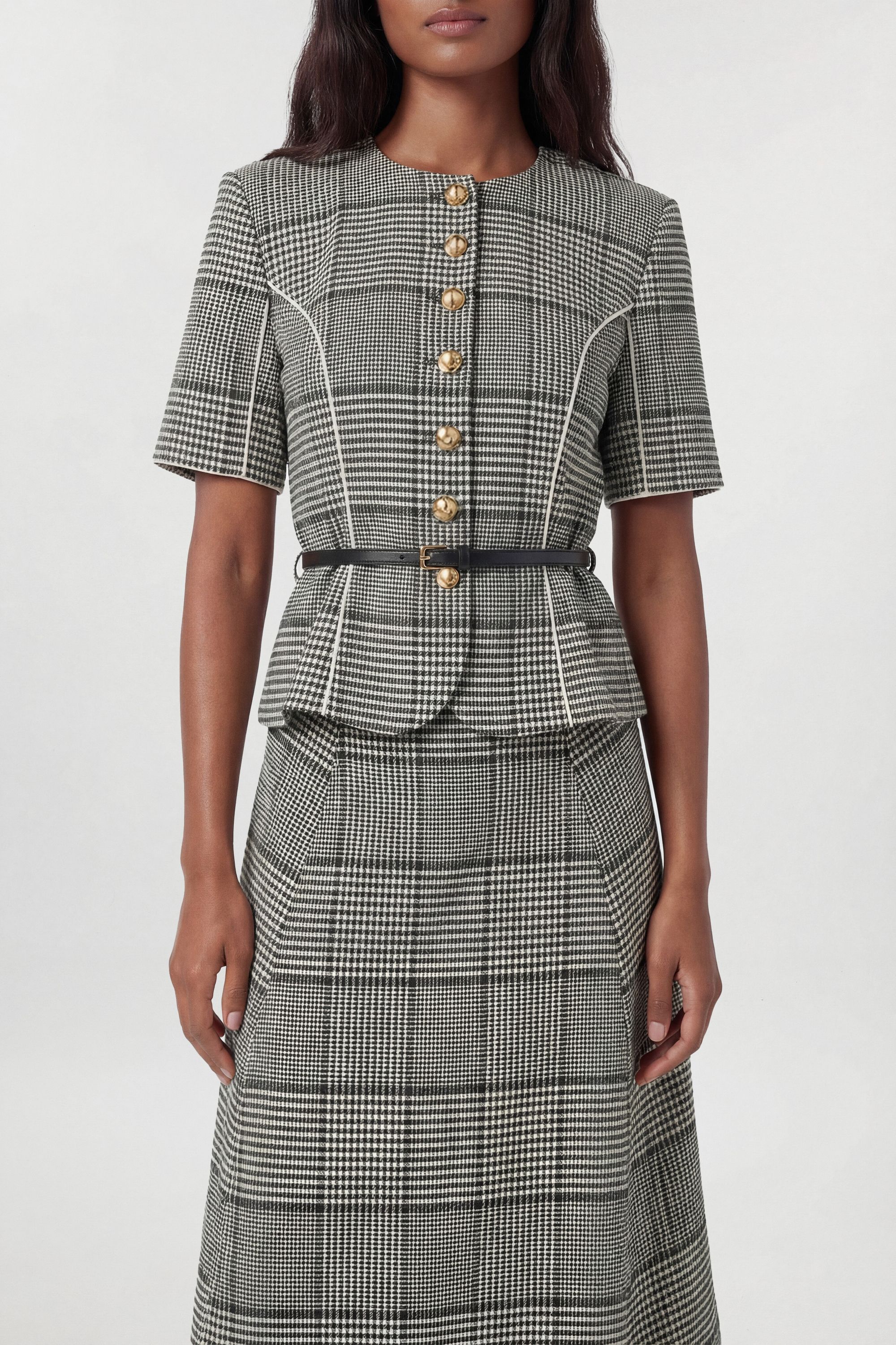 KarenMillen Tailored Check Peplum Belted Midi Dress
