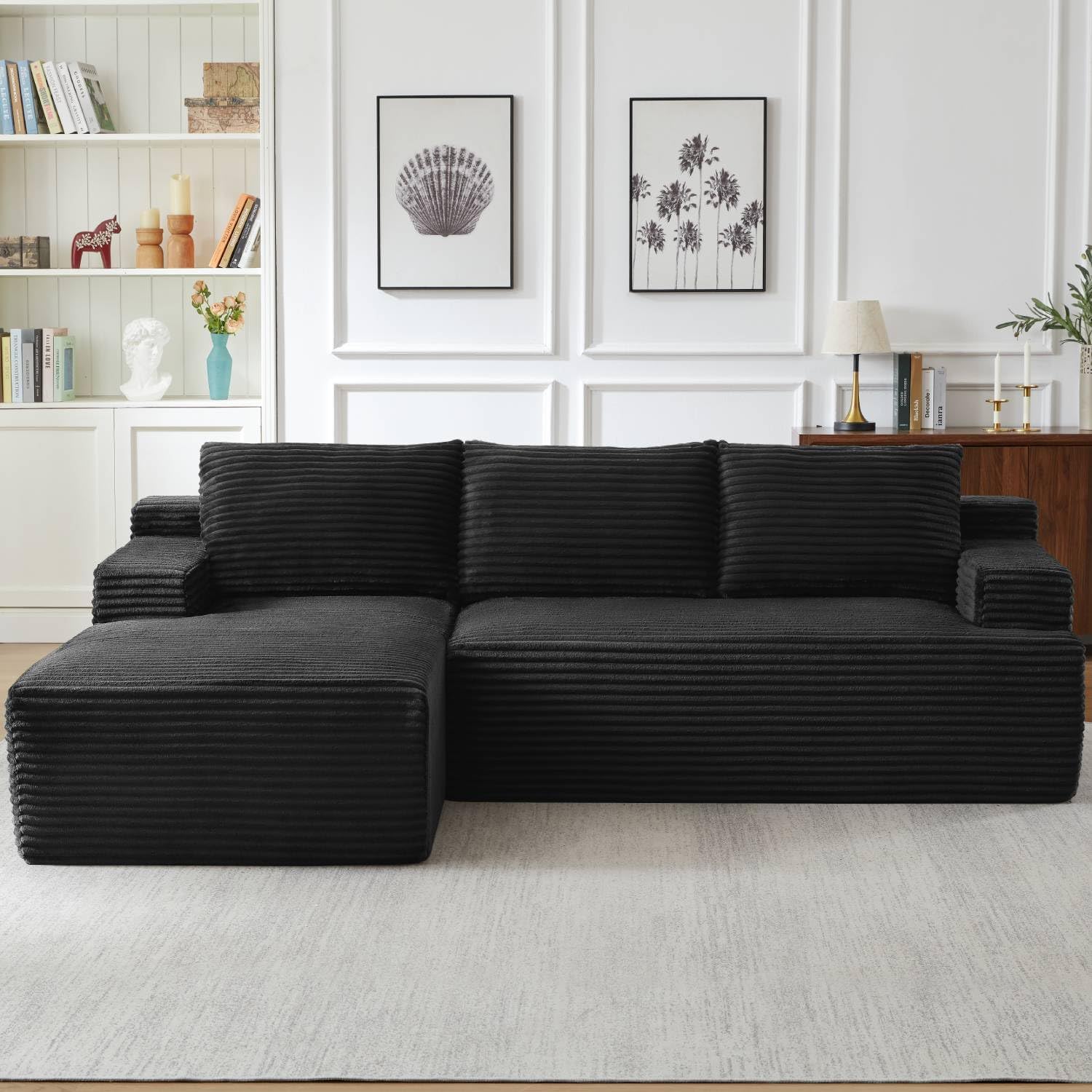 Cloud Couch Sectional, Modular L Shaped Boneless Sofa, Modern Corduroy Sectional Couch Comfy Deep Seat Cloud Sofa for Living Room, Bedroom, No Assembly (Black, Left Facing Chaise)